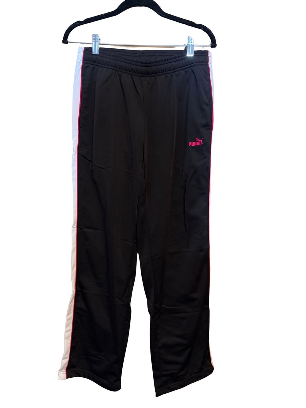 Puma Womenโs Black Track Pants with Pink Trim